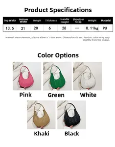Detailed size chart and multi-color selection for this PU leather crescent hobo bag