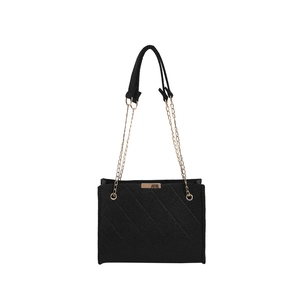 Quilted felt chain shoulder bag in black with gold hardware and a minimalist square shape