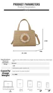 Detailed size specifications for a straw woven daisy crossbody bag with white background