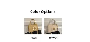 Detail view of khaki and cream woven straw handbags with sunflower patterns