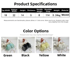 Size chart showing woven chain handbag dimensions with pearl handle and lace bow detail