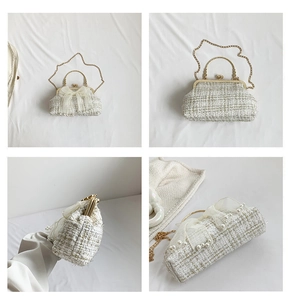 Detailed views of cream tweed crossbody bag with mesh bow and gold metal handle