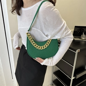 Retro emerald green crescent felt shoulder bag with decorative gold chain strap