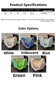 Detailed size chart and multi-color laser quilted puffer bag options in various vibrant hues
