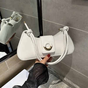 Women Trendy Minimalist Underarm Bag PU Leather Baguette Shoulder Bag With Circular Buckle Knotted Strap Casual Daily Tote