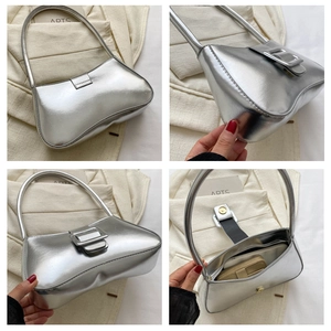 Detailed views of silver metallic shoulder bag showing buckle, base, and inner zip pocket