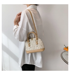 Detailed close-up of straw woven shell bag featuring floral embroidery and leather trim