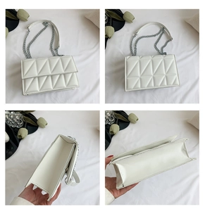 Detail shots of white quilted crossbody bag with geometric stitching and silver chain strap