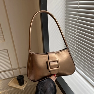 Metallic PU Leather Underarm Bag With Large Square Buckle Retro Baguette Shoulder Handbag For Women Y2K Street Style
