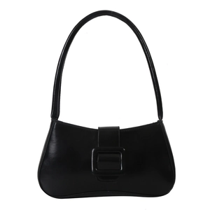 Minimalist black leather baguette shoulder bag with large square buckle and slim strap