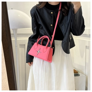Pink mini crossbody bag with silver star detail held by a model in a modern room
