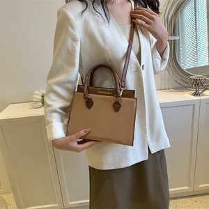 Minimalist beige and brown square crossbody bag with dual handles and gold lettering