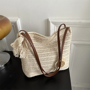 Sac Cabas en Paille Tressée d'Été Avec Nœud en Dentelle Floral Tournesol Sac à Épaule de Grande Capacité pour Vacances Femme