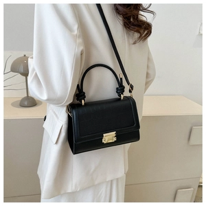 Detail view of black crocodile pattern flap and gold square buckle on a small shoulder bag