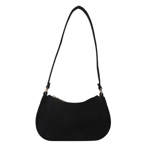 Classic black quilted underarm bag for women with gold zipper and minimalist half-moon shape