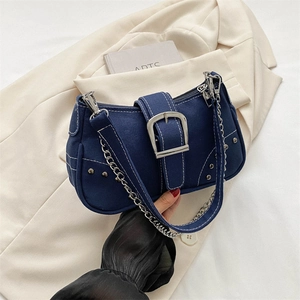 Women Retro Canvas Denim Contrast Stitching Shoulder Bag Y2K Underarm Bag With Metal Chain Rivet Large Buckle Casual Bag