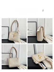 Detailed multi-angle views of a beige woven shoulder bag with floral charm and silk scarf