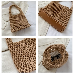 Detailed close-up of handmade woven mesh tote with reinforced leather base and texture