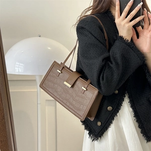 Brown crocodile pattern faux leather shoulder bag with vintage gold buckle detail