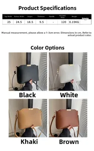 Size chart and details of minimalist PU leather square shoulder bag in four colors