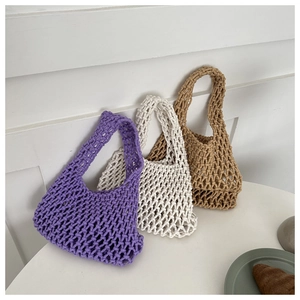 Detail of hand-woven hollow mesh tote bags in purple, white and khaki woven textures