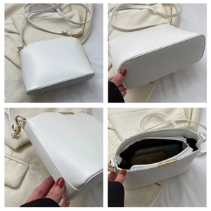 Detailed views of a white PU leather crossbody bag featuring gold hardware and inner pockets