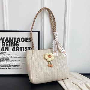 Women Woven Straw Tote Bag Flower Charm Scarf Decor Summer Beach Shoulder Bag Bohemian Casual Large Capacity Handbag