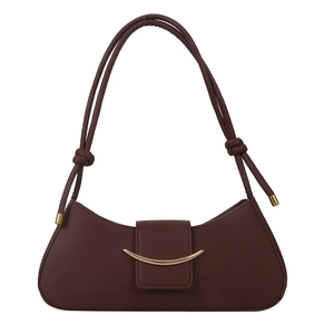 Chocolate brown faux leather crescent underarm bag with gold crescent buckle and knot detail