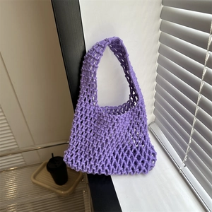 Women Casual Cotton Rope Woven Handbag Hollow Mesh Knitted Tote Bag With Flower Pendant Bohemian Summer Beach Bag