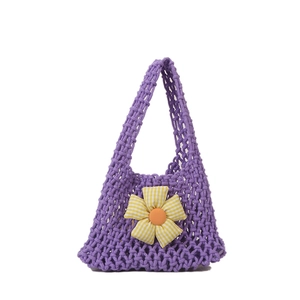 Handcrafted purple woven tote bag with a yellow checkered floral accent and orange button detail