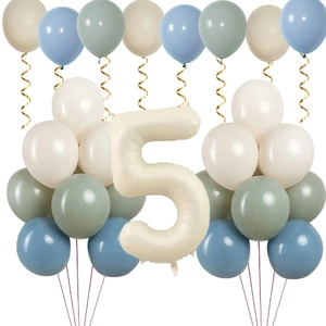 Cream number 5 foil balloon set with Morandi blue and green latex balloons for parties