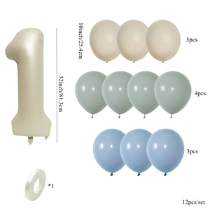 12-piece cream number 1 balloon set with sage green and blue latex balloons for party