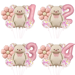 Teddy Bear Flower And Number Balloons Aluminum Foil Latex Retro Matte Pink Birthday Party Baby Shower Decorations