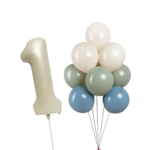 Detail of cream and sage green balloon set with large number 1 foil balloon for party