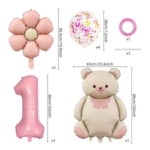Matte teddy bear and pink flower balloon set with 32 inch number 1 for birthday decor