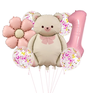 Detail of matte bear and pink daisy balloon set with large number 1 for baby party