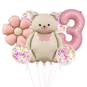 3rd birthday balloon set featuring a matte bear, pink number 3, and floral foil balloons