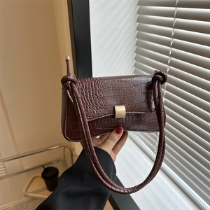 Chic Croc Pattern PU Leather Underarm Bag For Women With Gold Metal Buckle And Knot Strap Vintage French Baguette Bag
