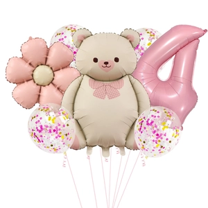 Matte bear floral balloon set with pink number 4 for birthday party decorations