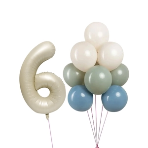 Detail of cream white number 6 balloon with sage green and blue latex balloon set