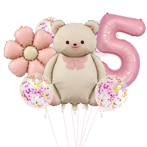 5th birthday party balloon set with teddy bear, pink number five and flower decoration