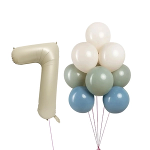 Detail of matte cream number 7 balloon with Morandi green and blue latex balloon set
