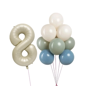 Detail of 32-inch cream number 8 foil balloon with sage green and blue latex kit