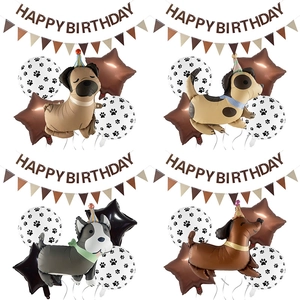 Dog Theme Birthday Party Decoration Aluminum Foil Balloons Cartoon Animal Shape Happy Birthday Banner Triangle Bunting For Pet Celebration