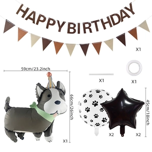 Detail view of dog-themed birthday party set with bulldog balloon and paw print decorations