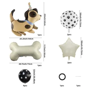 Detailed size chart for dog themed balloon set including bone and star shaped foil balloons