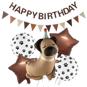 Pug theme party set with dog balloon and brown happy birthday banner decorations