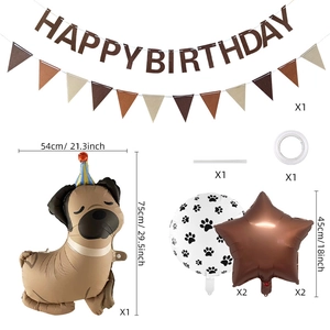 Detail of pug balloon set with happy birthday banner and paw print balloons