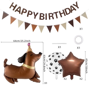 Detail set of pet dog birthday party decorations including dachshund balloon and banners