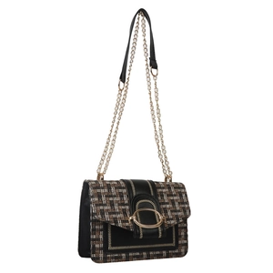 Schicke Retro-Umhängetasche aus Tweed mit goldener Kette und schwarzer Lederklappe